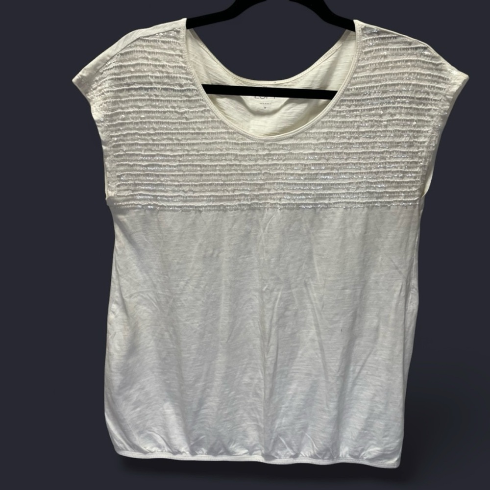 LOFT Women's White Sequin Ruched Cap Sleeve Tee Shirt Top M
